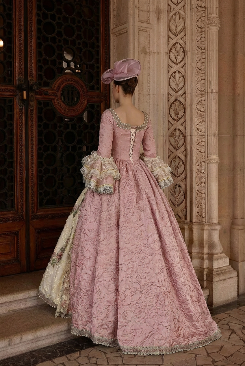 Marie Antoinette Rococo Style Dress in Pink Floral Brocade with Embroidered Front Panel – Baroque Wedding Gown Plus Size