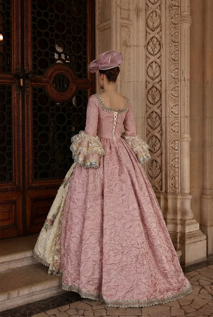 Marie Antoinette Rococo Style Dress in Pink Floral Brocade with Embroidered Front Panel – Baroque Wedding Gown Plus Size