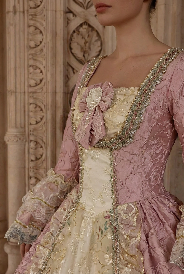 Marie Antoinette Rococo Style Dress in Pink Floral Brocade with Embroidered Front Panel – Baroque Wedding Gown Plus Size