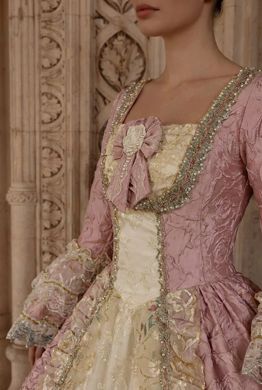 Marie Antoinette Rococo Style Dress in Pink Floral Brocade with Embroidered Front Panel Baroque Wedding Gown Plus Size Size 12 / Pink Marie Antoinette Rococo Style Dress in Pink Floral Brocade with Embroidered Front Panel Baroque Wedding Gown Plus Size Size 12 / Pink