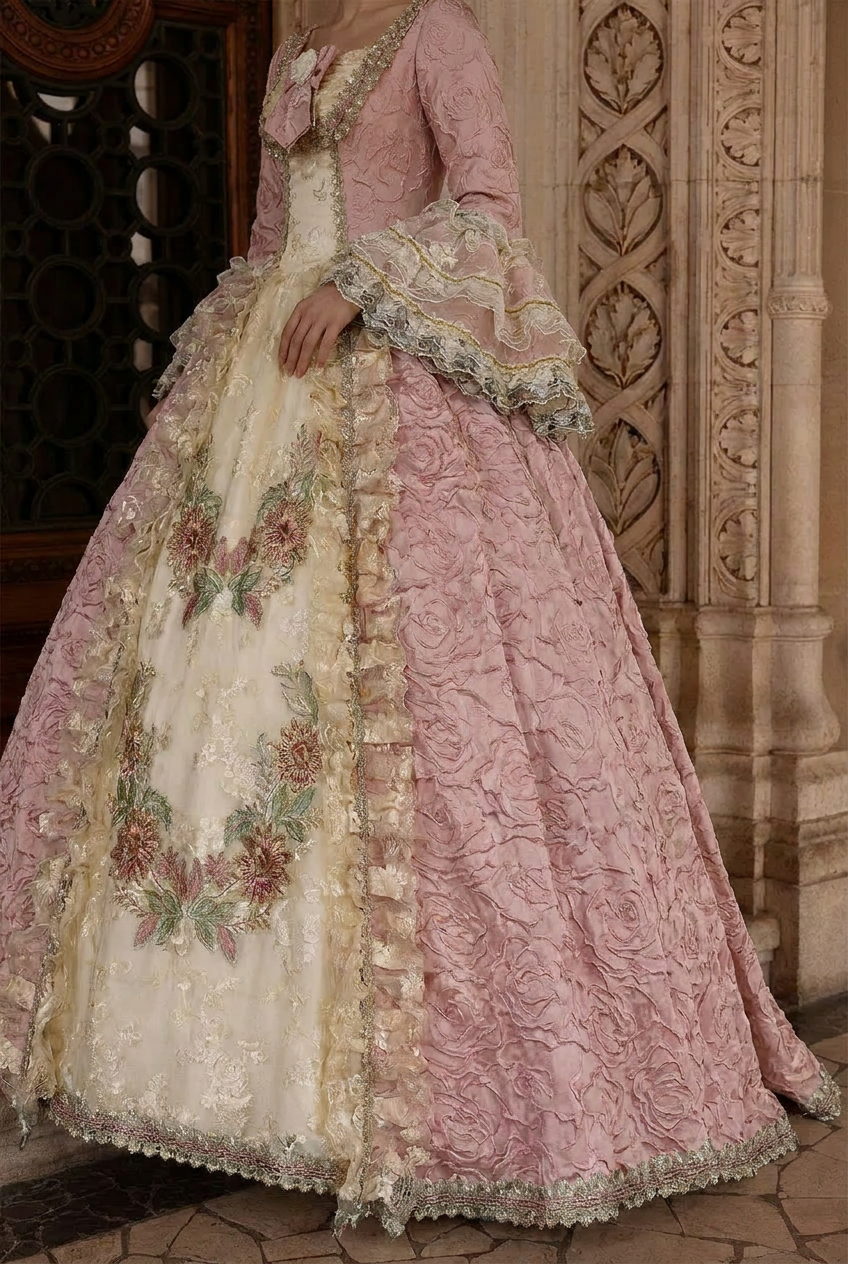 Marie Antoinette Rococo Style Dress in Pink Floral Brocade with Embroidered Front Panel – Baroque Wedding Gown Plus Size