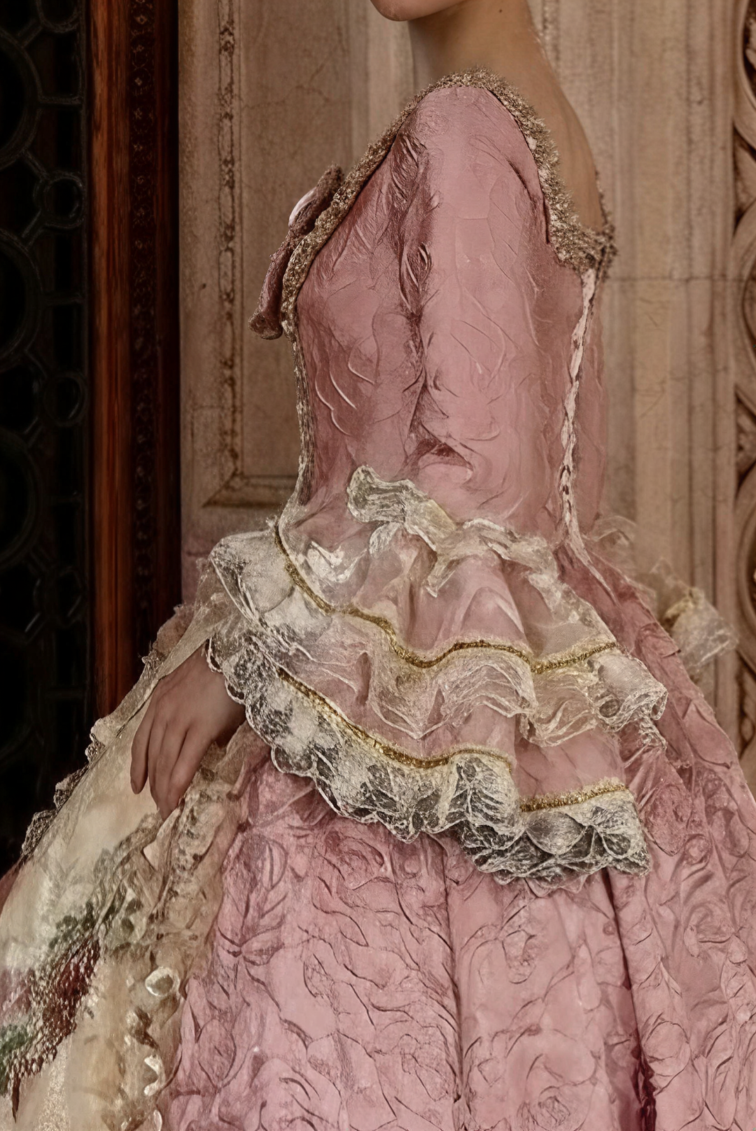Marie Antoinette Rococo Style Dress in Pink Floral Brocade with Embroidered Front Panel – Baroque Wedding Gown Plus Size