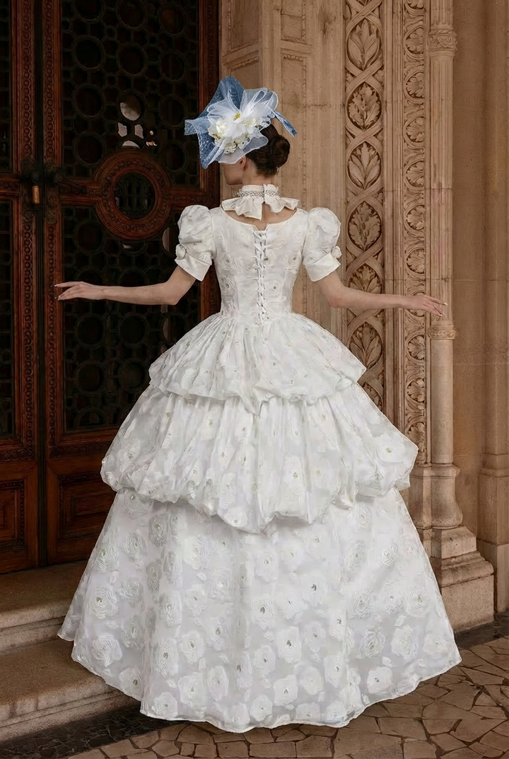 Marie Antoinette Wedding Dress in White Rococo Floral Fabric with Puff Sleeves and Tiered Skirt – Baroque Ball Gown Plus Size