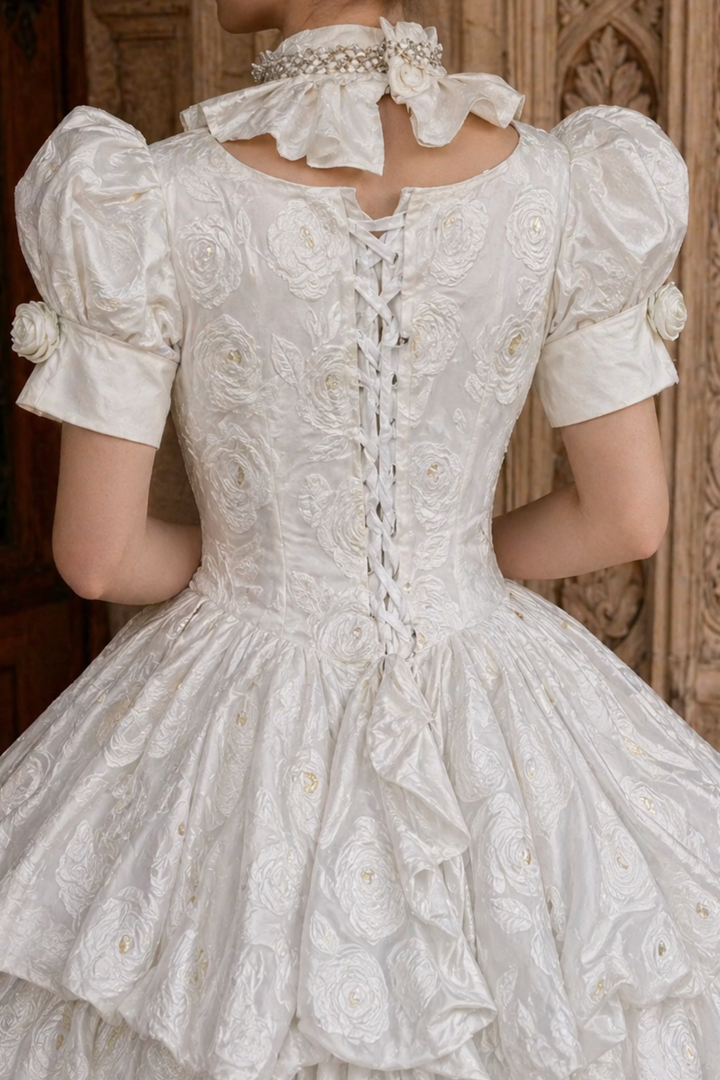 Marie Antoinette Wedding Dress in White Rococo Floral Fabric with Puff Sleeves and Tiered Skirt – Baroque Ball Gown Plus Size