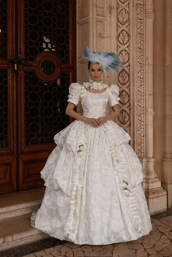 Marie Antoinette Wedding Dress in White Rococo Floral Fabric with Puff Sleeves and Tiered Skirt – Baroque Ball Gown Plus Size