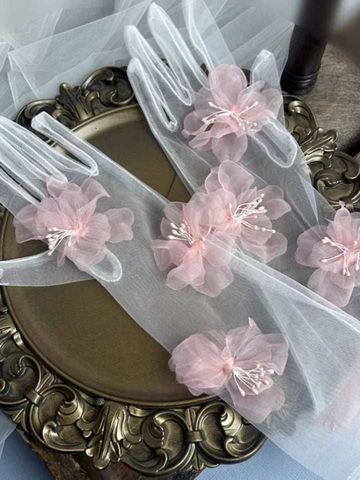 Romantic Pink Blossom Long Sheer Gloves - Elegant Wedding Accessory