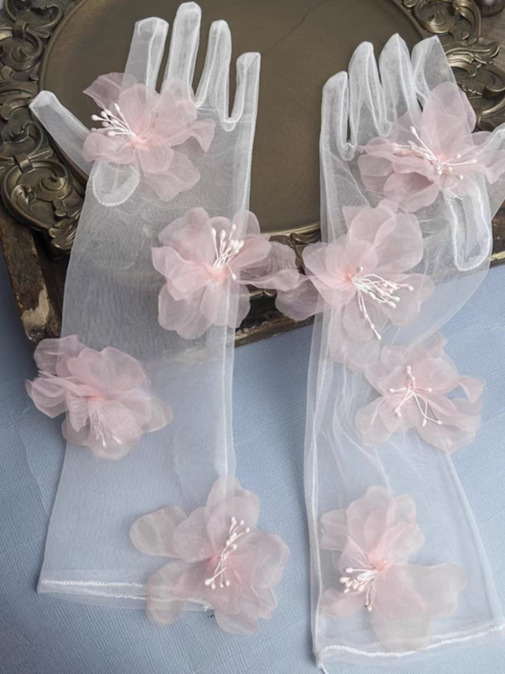 Romantic Pink Blossom Long Sheer Gloves - Elegant Wedding Accessory