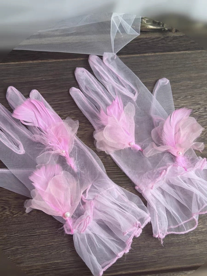 Sheer Pink Feather Accent Gloves with Pearl Detail