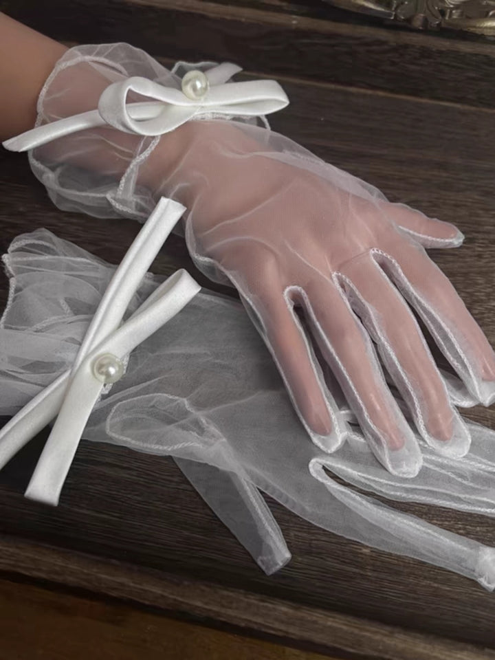 Sheer Pearl Bow Long Gloves with Ruffled Cuffs - Elegant Bridal Accessory