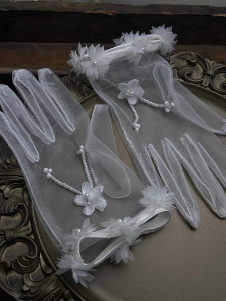 Floral Appliqué Long Sheer Gloves with Pearl Details - Elegant Bridal Gloves