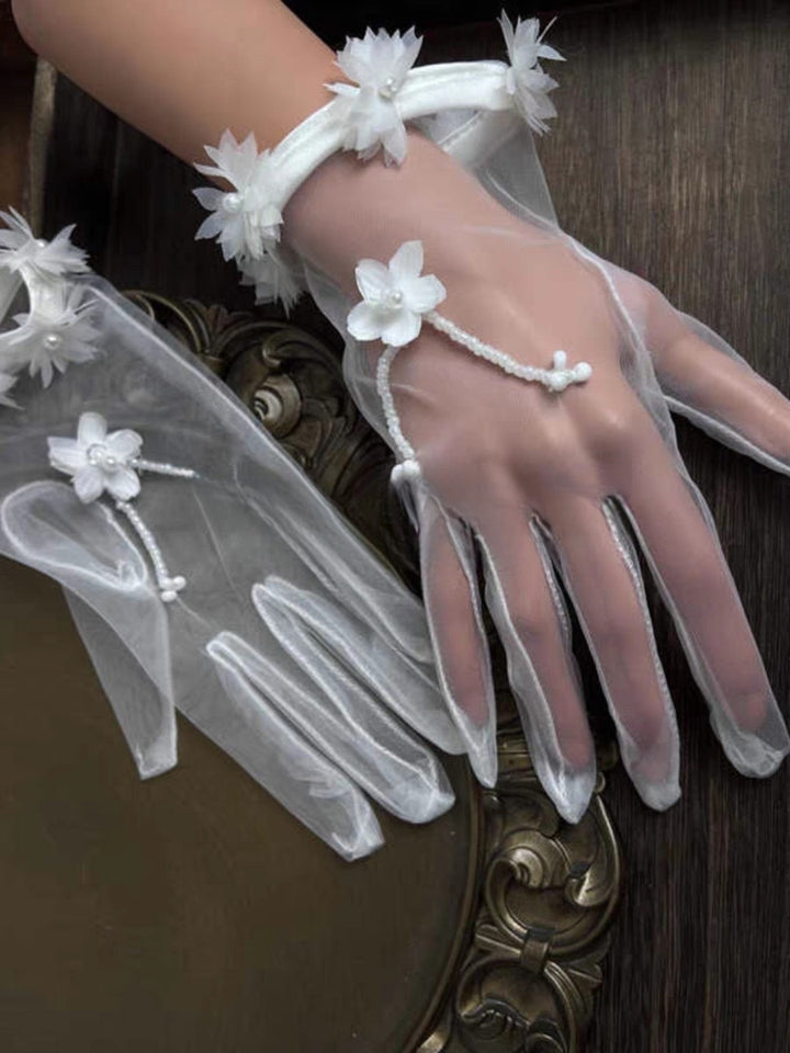 Floral Appliqué Long Sheer Gloves with Pearl Details - Elegant Bridal Gloves