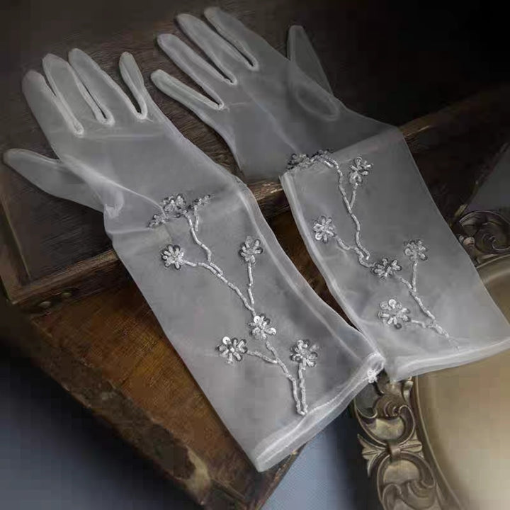 Floral Embroidered Sheer Long Gloves - Elegant Bridal Accessory