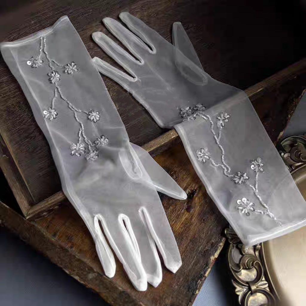 Floral Embroidered Sheer Long Gloves - Elegant Bridal Accessory