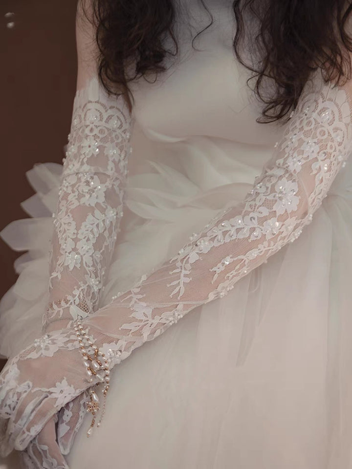 White Lace Embroidered Long Bridal Gloves with Sequin Details