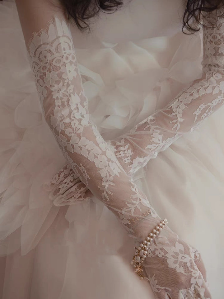 White Lace Embroidered Long Bridal Gloves with Sequin Details