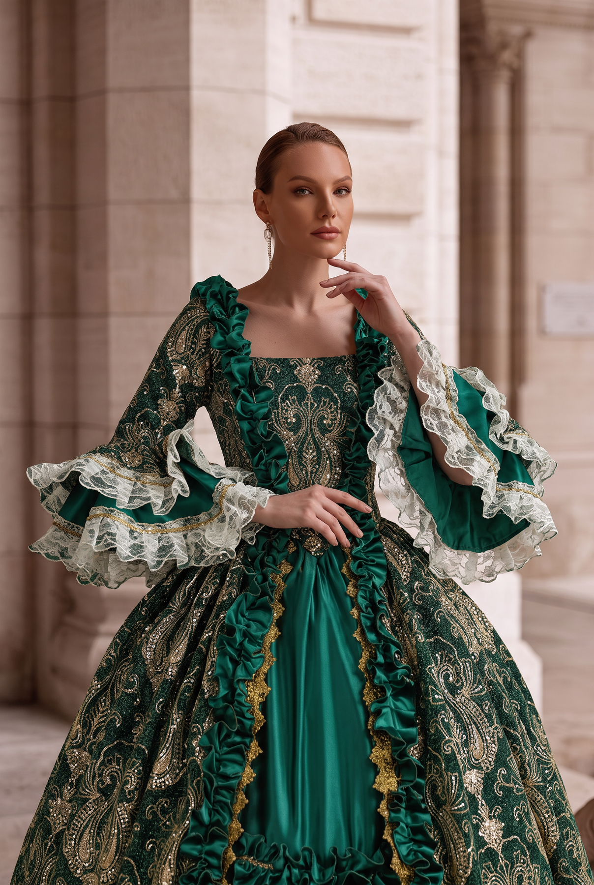Marie Antoinette Rococo Style Dress in Green Brocade with Lace