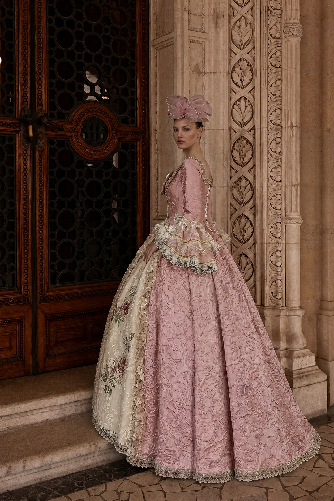 Marie Antoinette Rococo Style Dress in Pink Floral Brocade with Embroidered Front Panel – Baroque Wedding Gown Plus Size