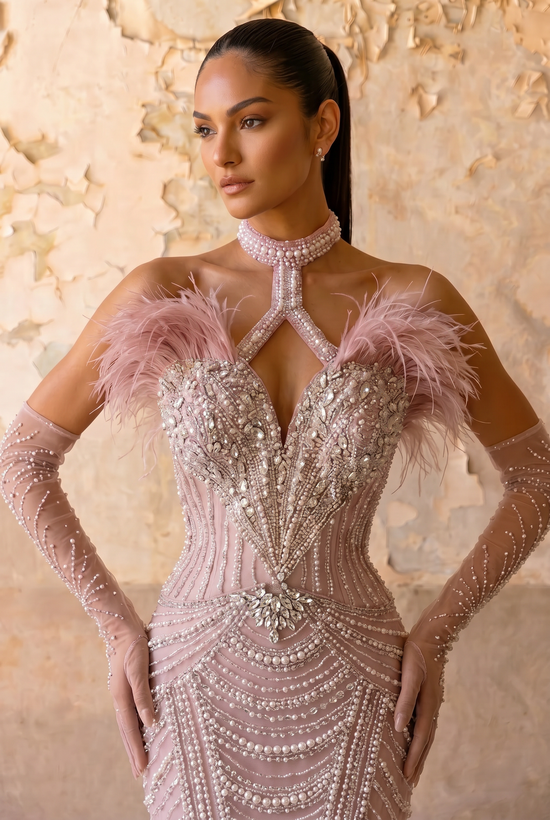 Mauve Mermaid Evening Gown with Feather Off-Shoulder Detail, Crystal Beading, Detachable Gloves and Choker – Formal Dress Plus Size
