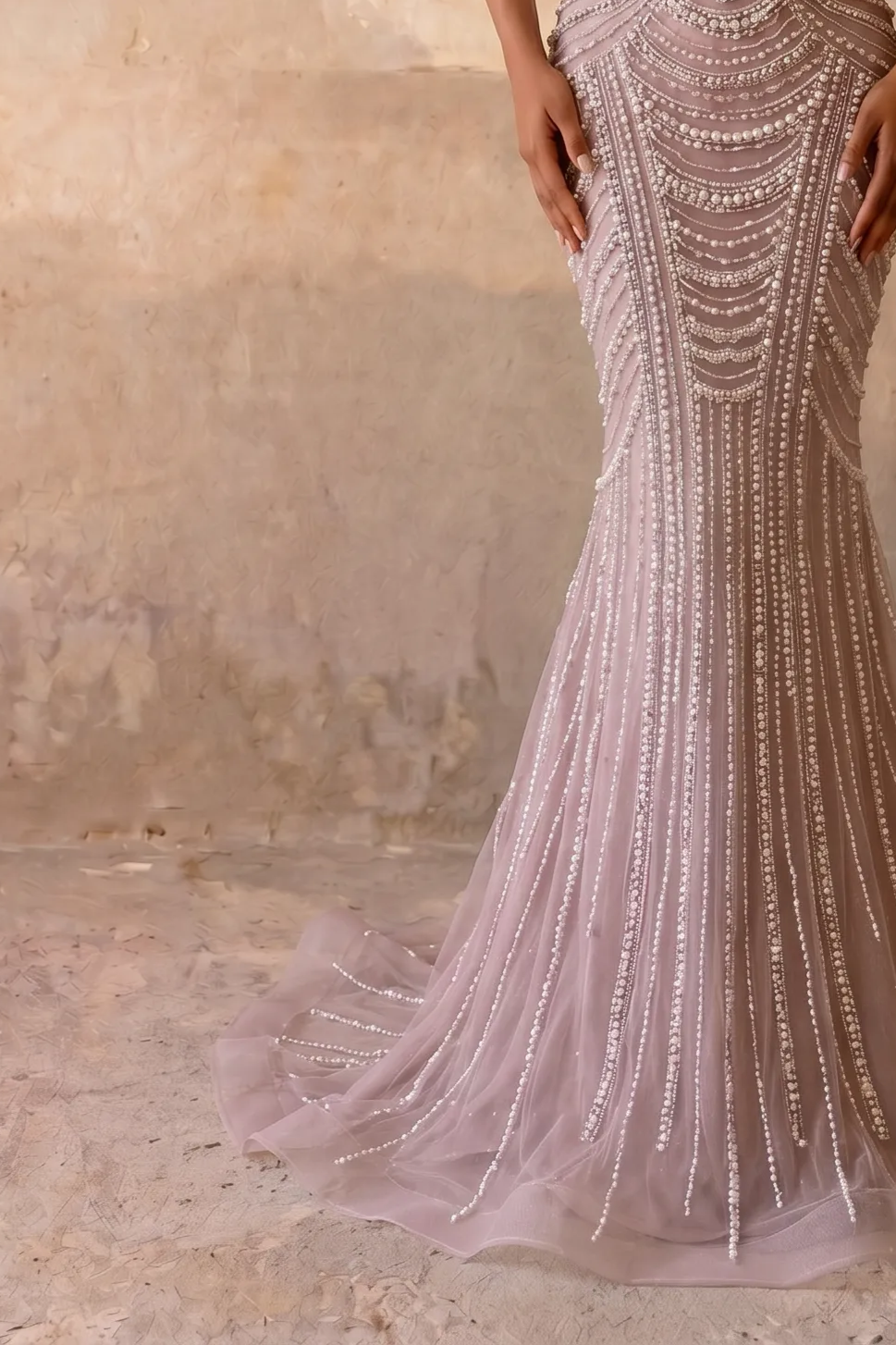 Mauve Mermaid Evening Gown with Feather Off-Shoulder Detail, Crystal Beading, Detachable Gloves and Choker – Formal Dress Plus Size
