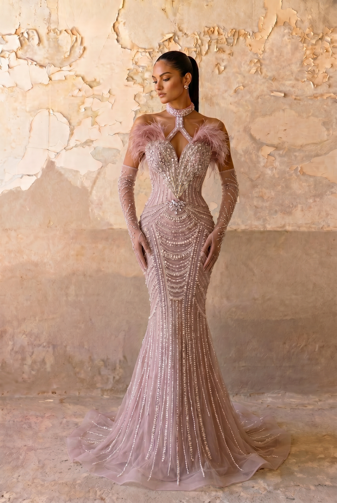 Mauve Mermaid Evening Gown with Feather Off-Shoulder Detail, Crystal Beading, Detachable Gloves and Choker – Formal Dress Plus Size