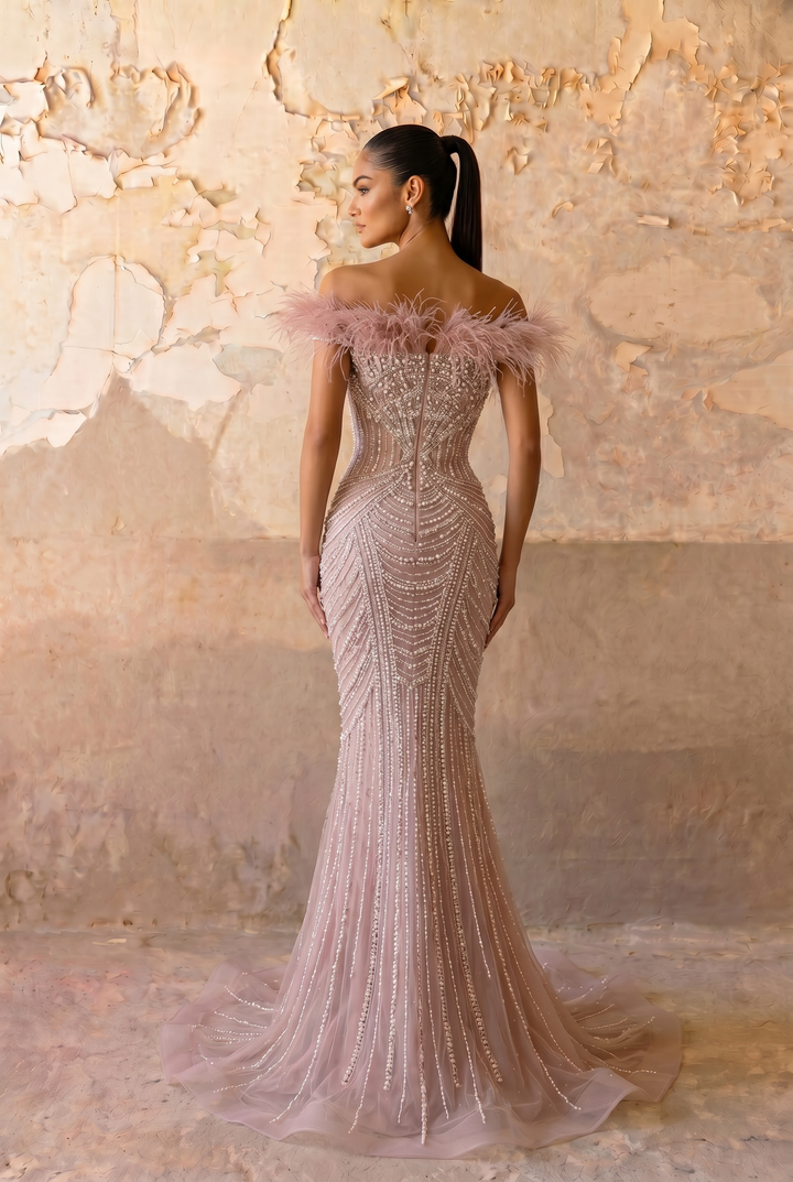Mauve Mermaid Evening Gown with Feather Off-Shoulder Detail, Crystal Beading, Detachable Gloves and Choker – Formal Dress Plus Size