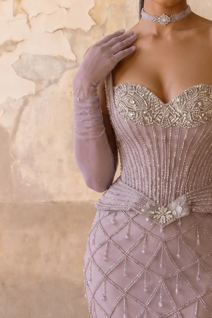Mauve Mermaid Evening Gown with Sweetheart Neckline, Crystal Beading, Detachable Gloves and Choker – Formal Dress Plus Size