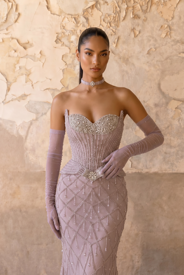 Mauve Mermaid Evening Gown with Sweetheart Neckline, Crystal Beading, Detachable Gloves and Choker – Formal Dress Plus Size