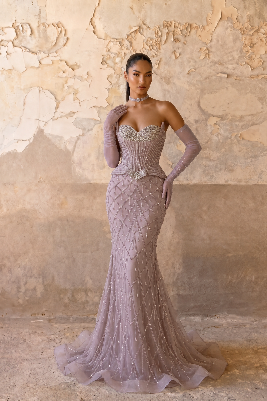 Mauve Mermaid Evening Gown with Sweetheart Neckline, Crystal Beading, Detachable Gloves and Choker – Formal Dress Plus Size Size 16W / Dusty Mauve