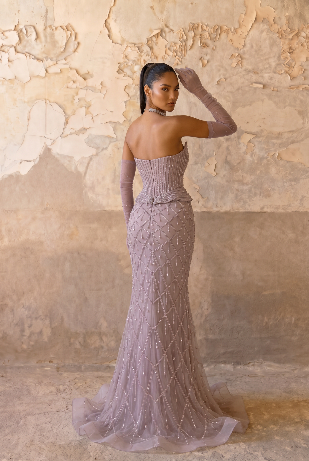 Mauve Mermaid Evening Gown with Sweetheart Neckline, Crystal Beading, Detachable Gloves and Choker – Formal Dress Plus Size