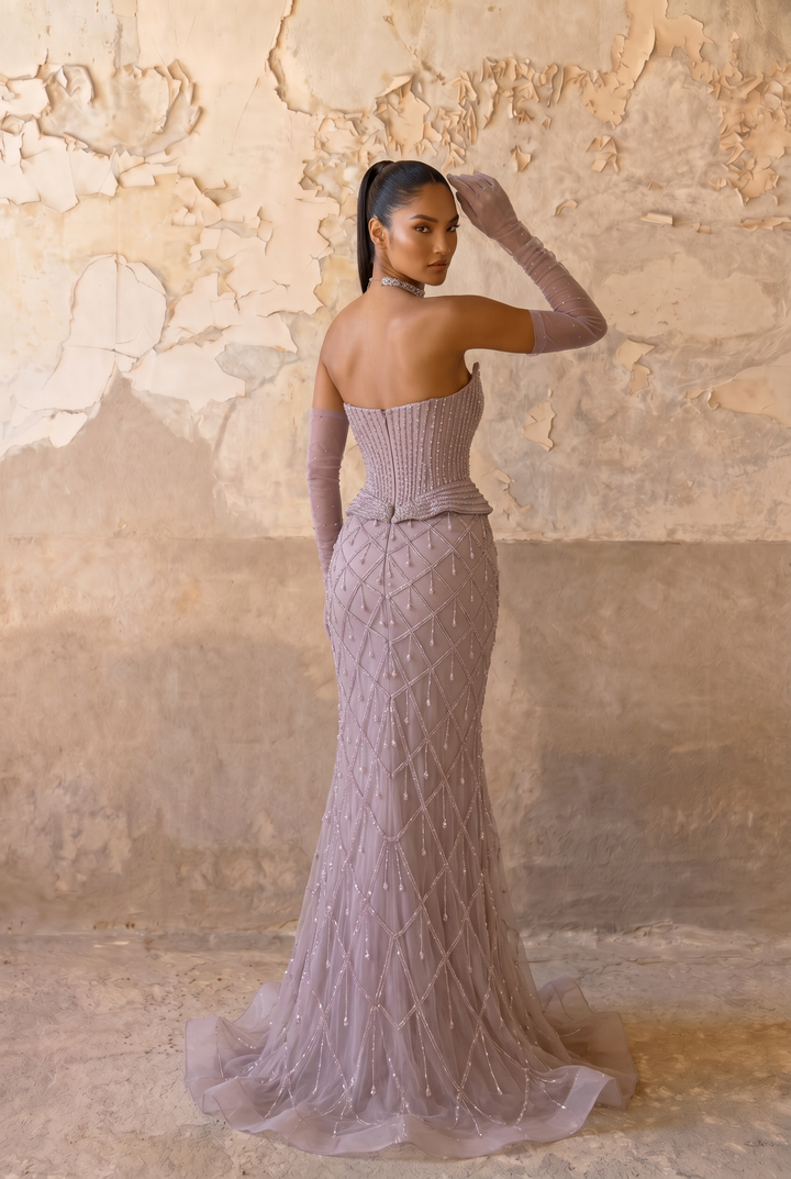 Mauve Mermaid Evening Gown with Sweetheart Neckline, Crystal Beading, Detachable Gloves and Choker – Formal Dress Plus Size