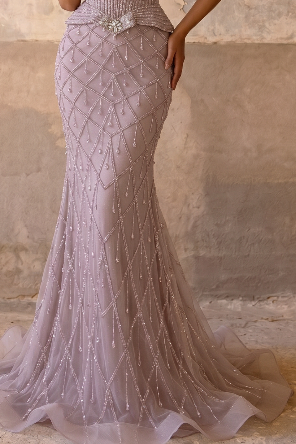 Mauve Mermaid Evening Gown with Sweetheart Neckline, Crystal Beading, Detachable Gloves and Choker – Formal Dress Plus Size