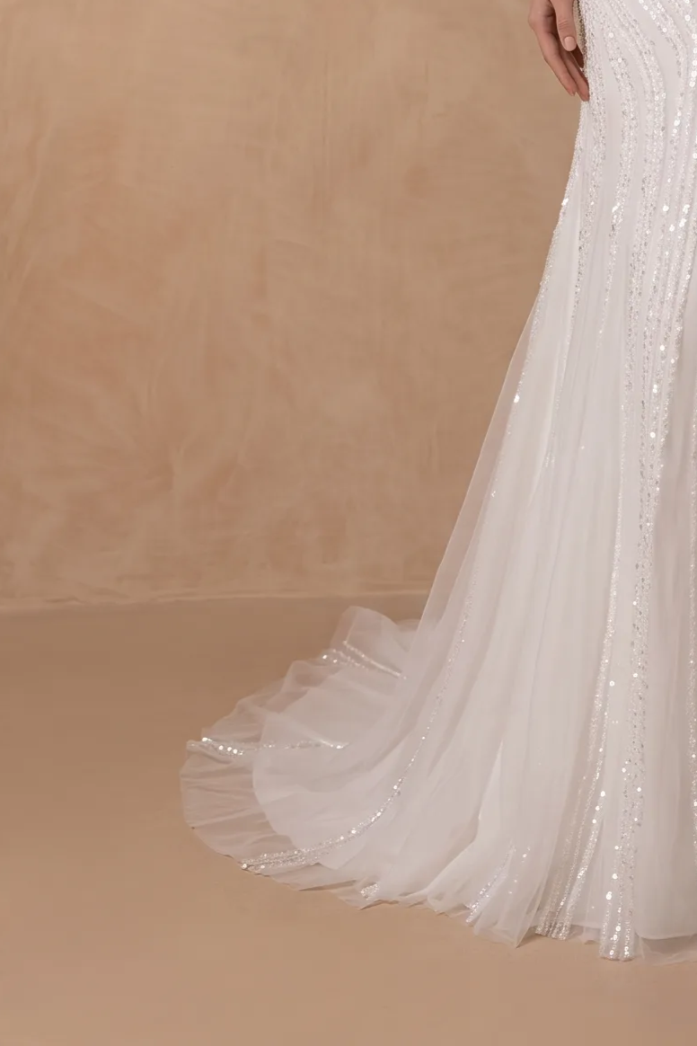Mermaid Wedding Gown, White Simple Modern Beaded Tulle Bridal Dress with Sweetheart Neckline Plus Size