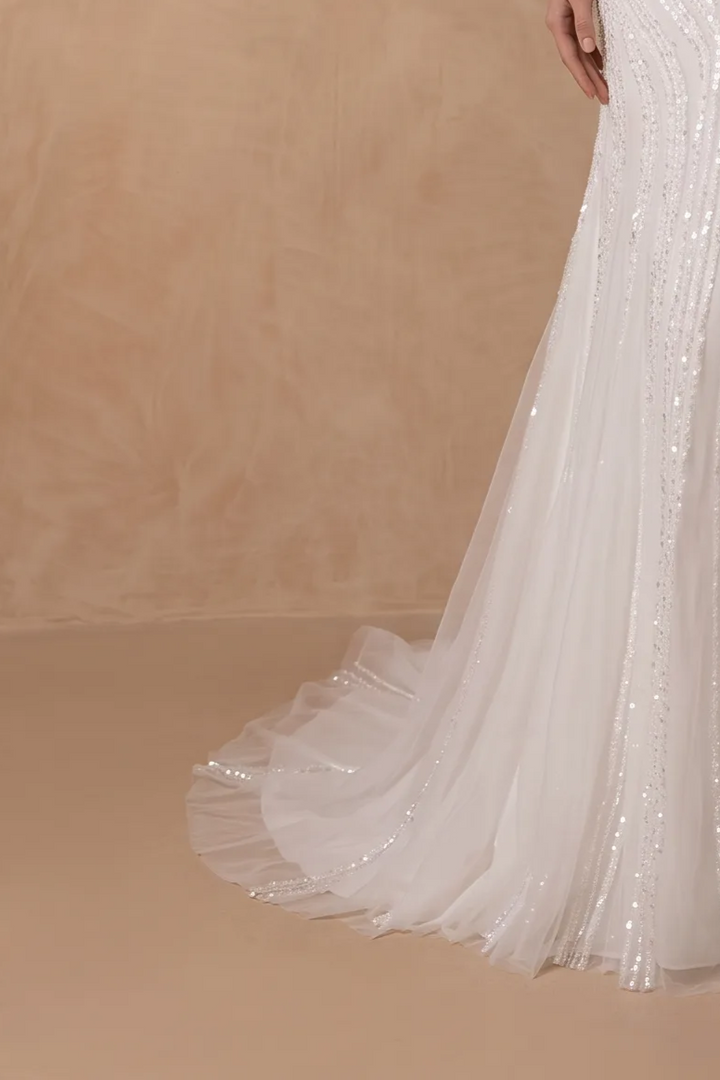 Mermaid Wedding Gown, White Simple Modern Beaded Tulle Bridal Dress with Sweetheart Neckline Plus Size