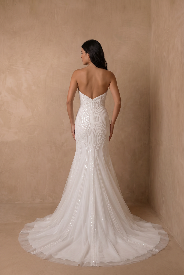 Mermaid Wedding Gown, White Simple Modern Beaded Tulle Bridal Dress with Sweetheart Neckline Plus Size
