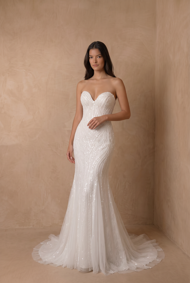 Mermaid Wedding Gown, White Simple Modern Beaded Tulle Bridal Dress with Sweetheart Neckline Plus Size