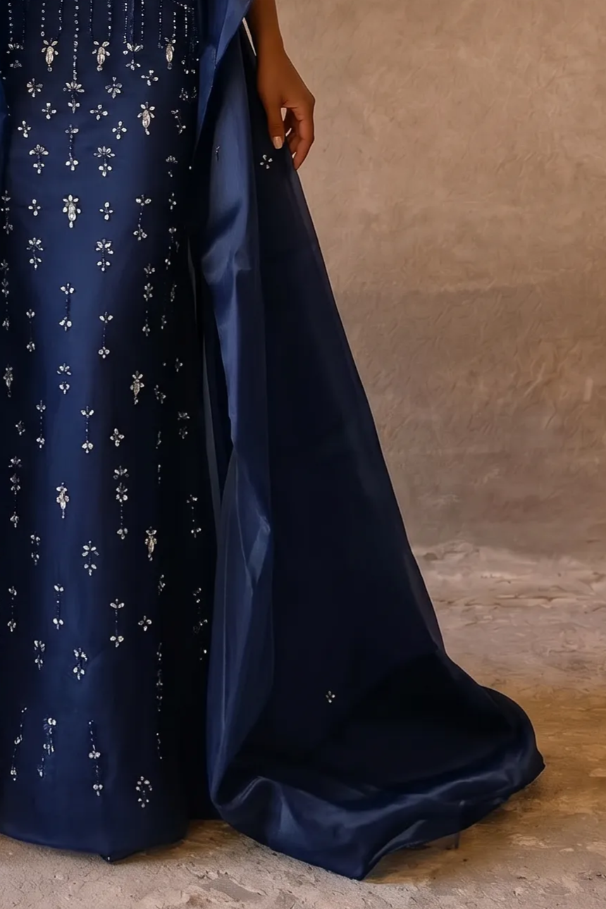 Midnight Blue Strapless Evening Gown with Detachable Overskirt and Crystal Beading Formal Dress Plus Size