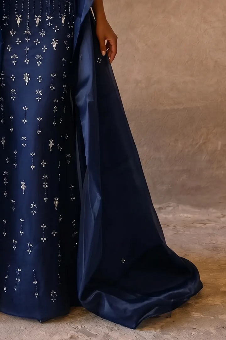 Midnight Blue Strapless Evening Gown with Detachable Overskirt and Crystal Beading Formal Dress Plus Size