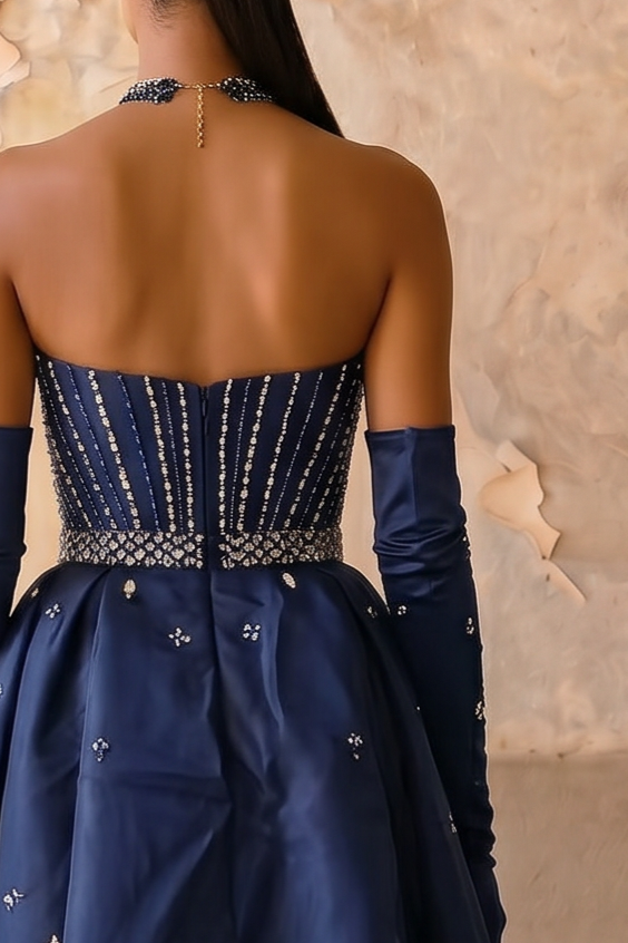 Midnight Blue Strapless Evening Gown with Detachable Overskirt and Crystal Beading Formal Dress Plus Size
