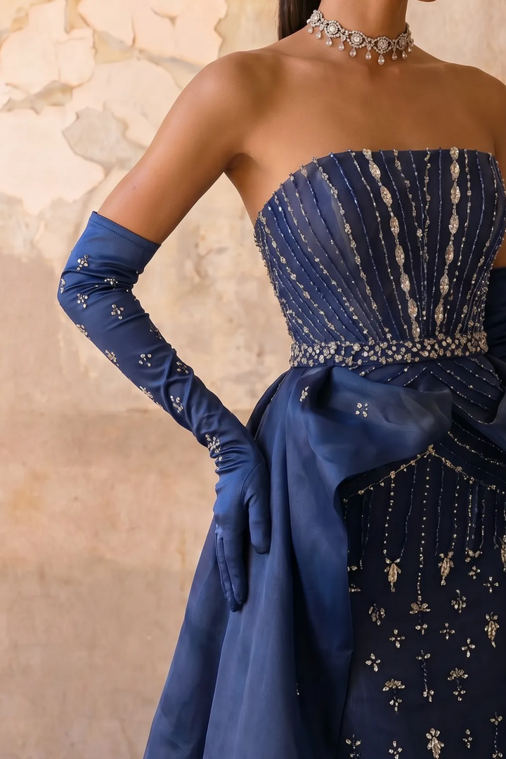 Midnight Blue Strapless Evening Gown with Detachable Overskirt and Crystal Beading Formal Dress Plus Size