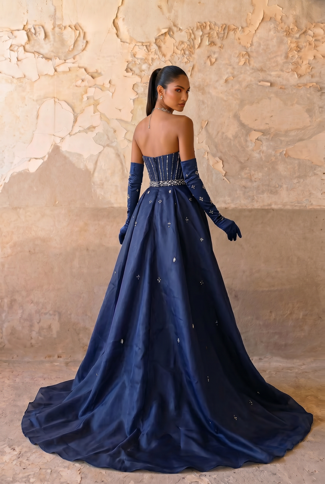 Midnight Blue Strapless Evening Gown with Detachable Overskirt and Crystal Beading Formal Dress Plus Size