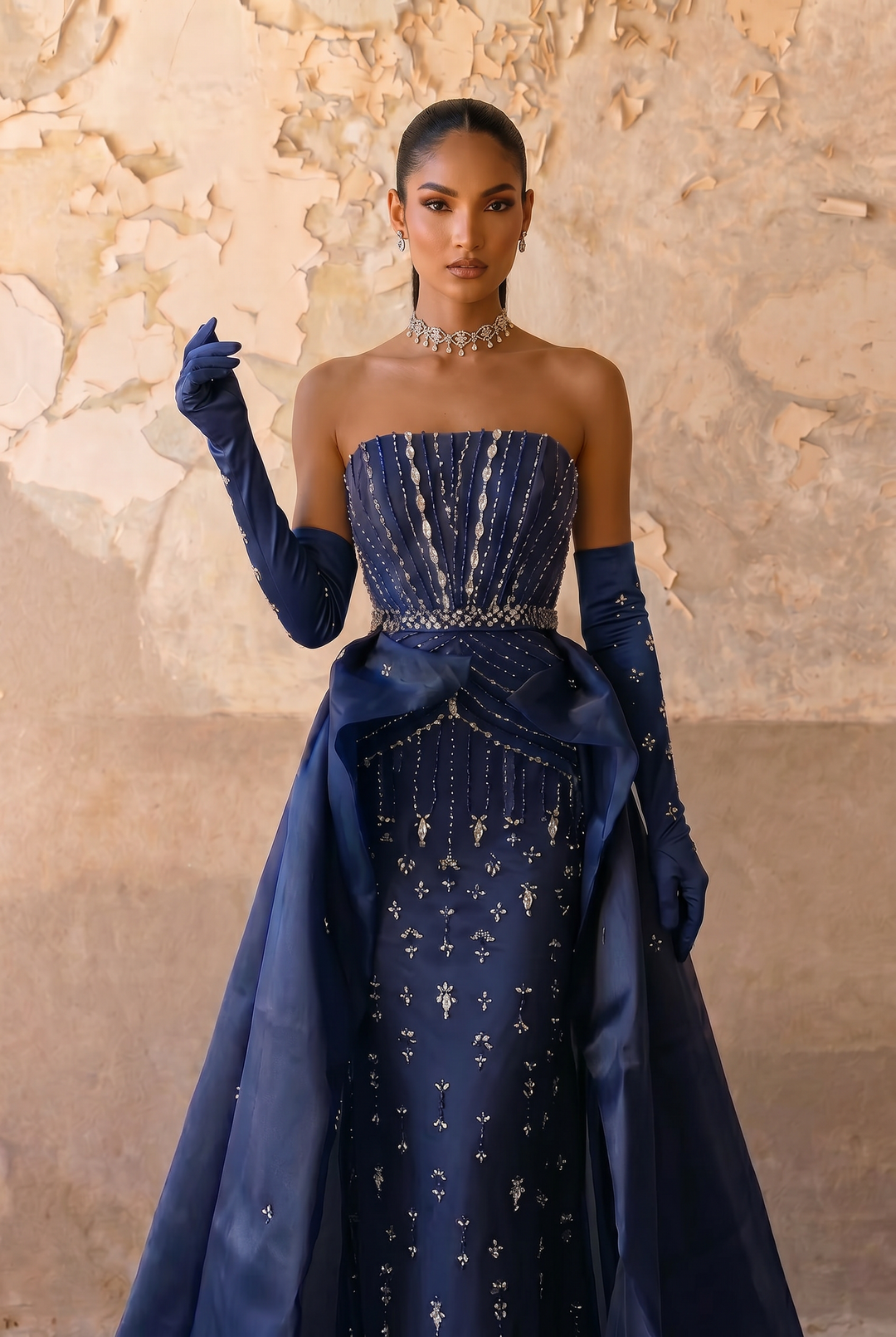 Midnight Blue Strapless Evening Gown with Detachable Overskirt and Crystal Beading Formal Dress Plus Size