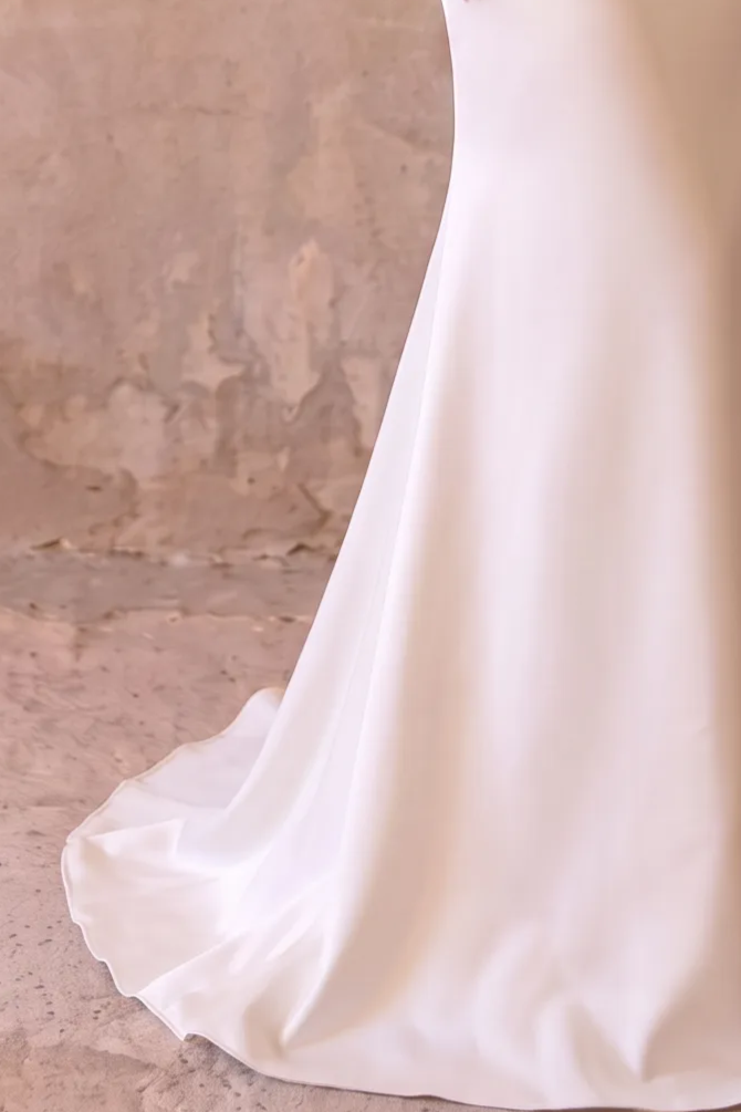 Minimalist Off the Shoulder Mermaid Wedding Dress with Draped Satin Bodice and Corset Back – Simple Crepe Bridal Gown Plus Size