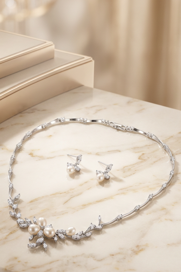 Minimalist Pearl and Flower Diamond Bridal Necklace and Earrings Set