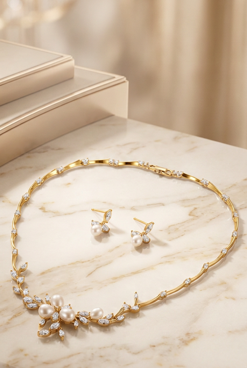 Minimalist Pearl and Flower Diamond Bridal Necklace and Earrings Set