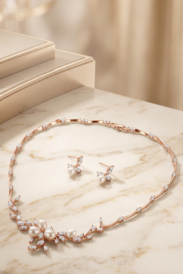 Minimalist Pearl and Flower Diamond Bridal Necklace and Earrings Set