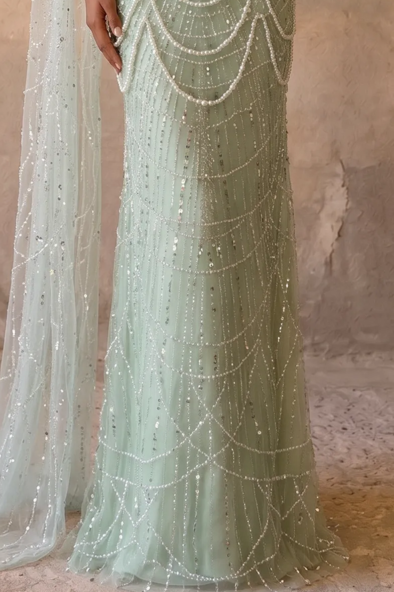 Mint Green One-Shoulder Evening Gown with Pearl Beading, Floral Shoulder Detail and Draped Cape – Formal Dress Plus Size