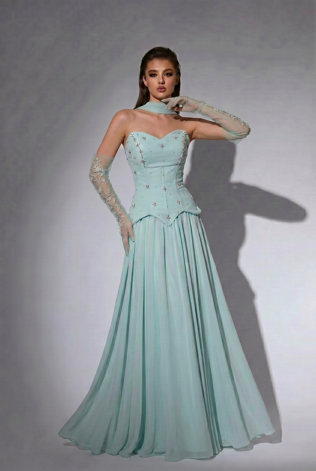 Mint Green Strapless Chiffon Evening Gown with Corset Bodice, Detachable Shoulder Cape and Illusion Gloves – Formal Dress Plus Size