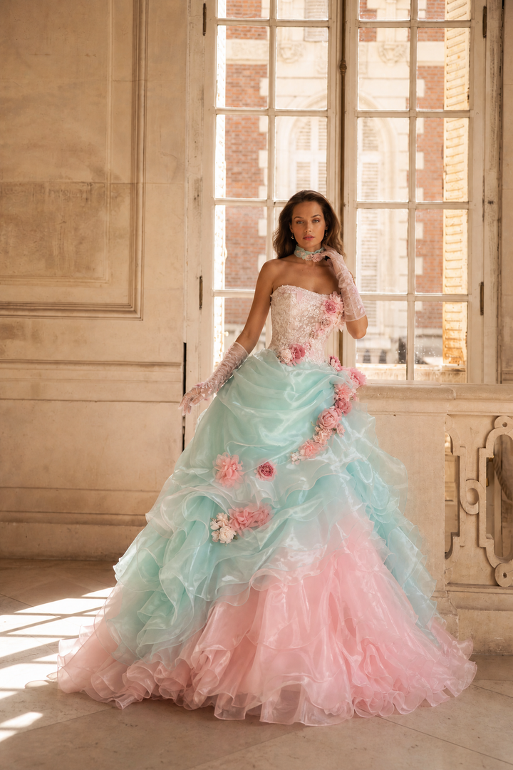 Mint Green and Pink Fairytale Ball Gown Tiered Ruffle Dress with Floral Appliqué and Lace Corset Back Plus Size