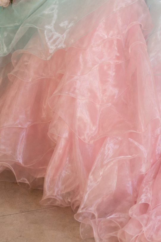 Mint Green and Pink Fairytale Ball Gown Tiered Ruffle Dress with Floral Appliqué and Lace Corset Back Plus Size