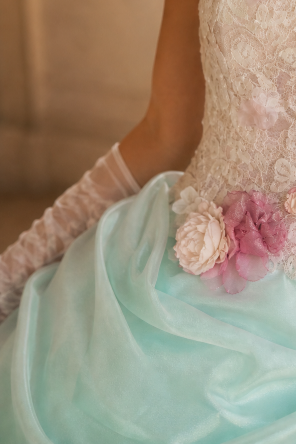 Mint Green and Pink Fairytale Ball Gown Tiered Ruffle Dress with Floral Appliqué and Lace Corset Back Plus Size